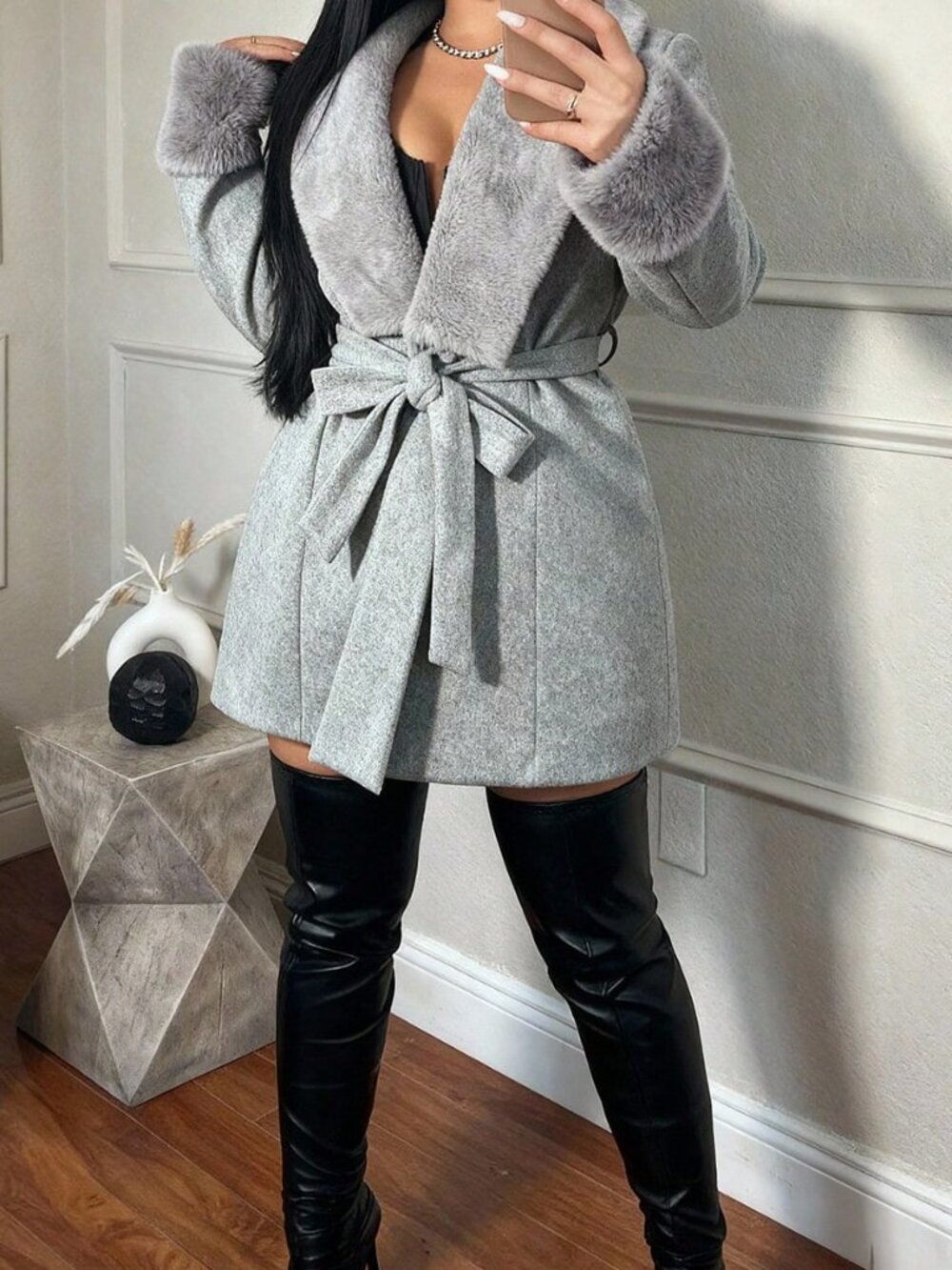 Grey Elegant Women's Plus Size Casual Fuzzy Patchwork Jacket